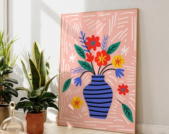 Impression d'art vase floral - décoration murale scandinave bohème abstraite, affiche de vase de fleurs, affiche murale botanique colorée, décoration d'intérieur minimaliste
