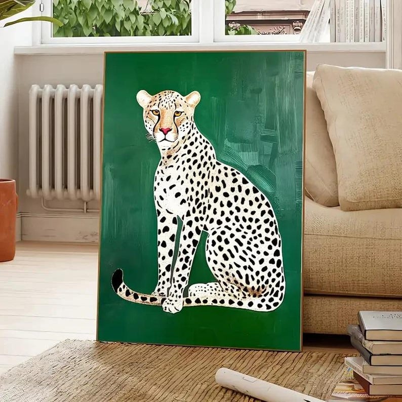 Leopard Wall Art Poster, Modern Animal Print, Green Cheetah Illustration, Safari Decor, Minimalist Wildlife Art, Unframed Wall Decor image 3