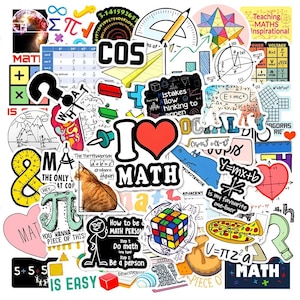 May include: A collection of colourful stickers featuring mathematical themes, including geometric shapes, equations like E=mc2 and y=mx+b, a Rubik's cube, a cat, a pizza slice, and text such as I Love Math, Mistakes allow thinking to happen, and Pi.