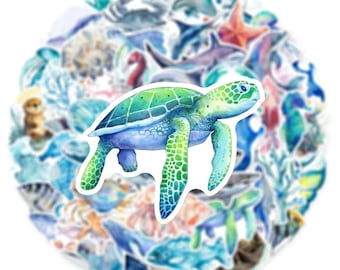 50 pegatinas de animales del océano, pegatinas de acuarela de tortugas marinas, calcomanías de vida marina para portátil, botella de agua, equipaje de viaje, juego de pegatinas para niños.