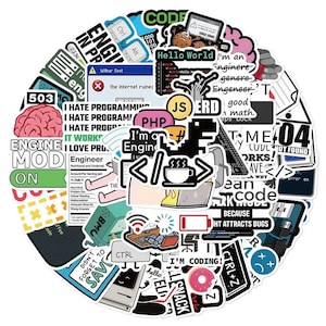 May include: A selection of vibrant stickers with a coding and programming theme. The stickers display phrases such as "Hello World," "I Hate Programming," and "Clean Code." Other stickers feature computer-related graphics, including a keyboard, a coffee cup, and a brain.
