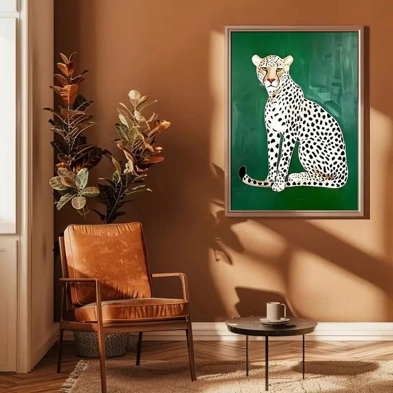 Leopard Wall Art Poster, Modern Animal Print, Green Cheetah Illustration, Safari Decor, Minimalist Wildlife Art, Unframed Wall Decor image 2