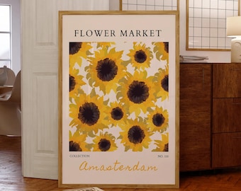 Poster mural tournesol | Art mural en toile, Art mural floral | Impression du marché d'Amsterdam | Décoration murale botanique jaune | Art de la ferme moderne