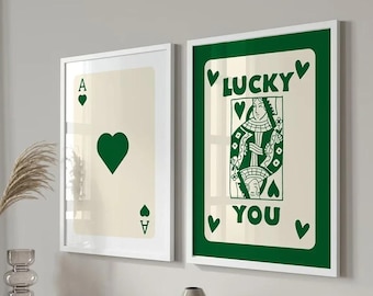 Impression d'art mural cartes à jouer, art mural typographie rétro, affiche murale coeur vert, décoration murale minimaliste, déco cartes à jouer as de coeur