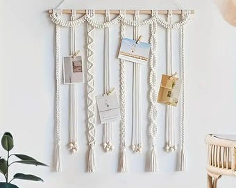 Guirnalda colgante de fotos bohemia con borlas, decoración rústica de pared para colgar fotos, marco de cuerda DIY para fotos y tarjetas, decoración de pared moderna