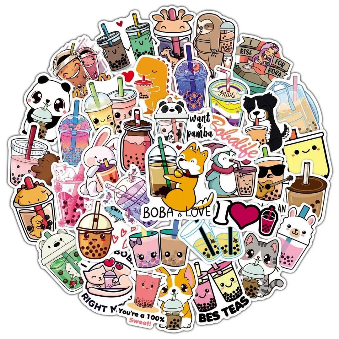 50pcs Kawaii Bubble Tea Stickers, Waterproof Vinyl Cartoon Decals for ...