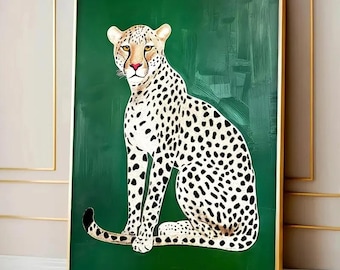 Affiche d'art mural léopard, imprimé animalier moderne, illustration de guépard vert, décoration safari, art animalier minimaliste, décoration murale sans cadre