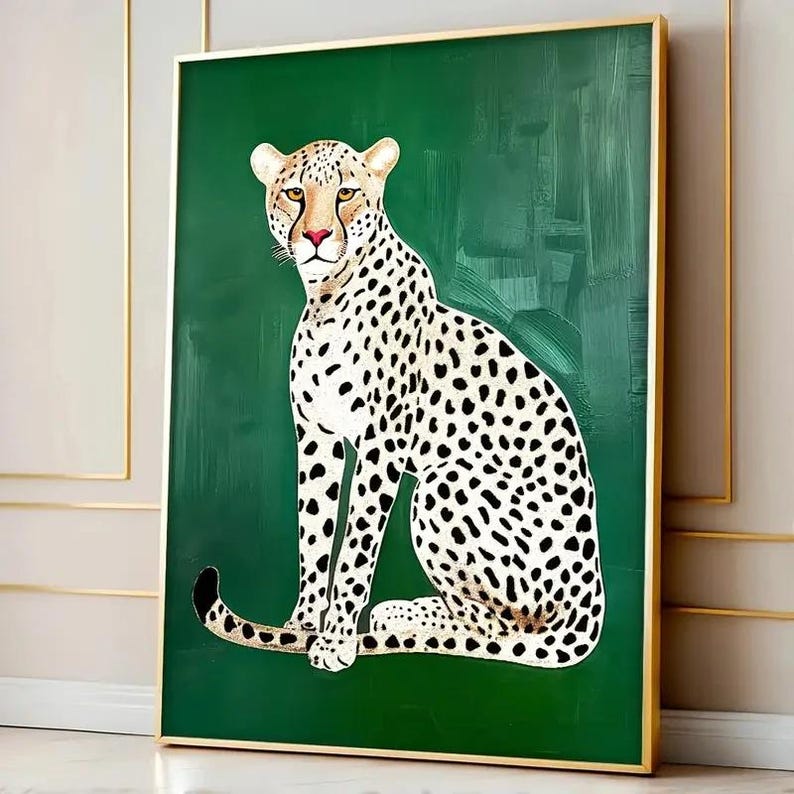 Leopard Wall Art Poster, Modern Animal Print, Green Cheetah Illustration, Safari Decor, Minimalist Wildlife Art, Unframed Wall Decor image 1