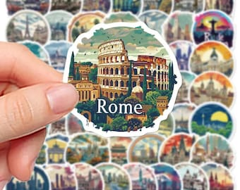 Pegatinas vintage de viajes por el mundo, monumentos de ciudades, 50 unidades de vinilo impermeables, monumentos de París y Roma para portátil, botellas, pegatinas de monumentos.