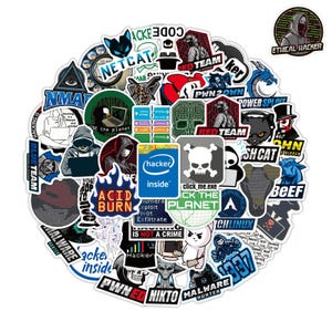 May include: A selection of vibrant stickers with hacker-themed designs. The stickers display text such as "NETCAT", "RED TEAM", "PWN2OWN", and "ETHICAL HACKER". Graphics include skulls, hooded figures, and computer-related imagery. The stickers are arranged in a circular pattern.