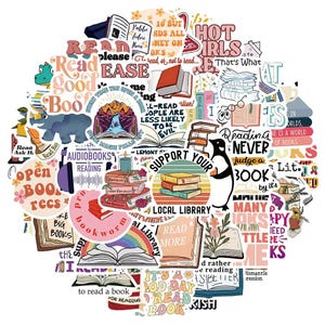 May include: A collection of colorful stickers with a reading theme. The stickers feature books, quotes, and illustrations, including a penguin, an elephant, and the words "Read," "Books," and "Local Library." The stickers are arranged in a circular pattern.