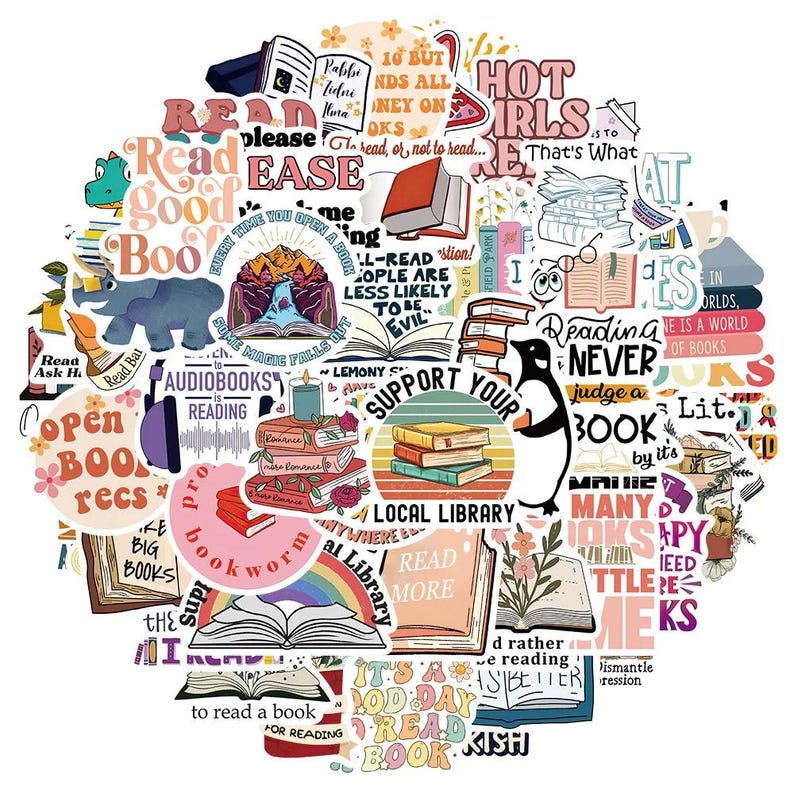 May include: A collection of colorful stickers with a reading theme. The stickers feature books, quotes, and illustrations, including a penguin, an elephant, and the words "Read," "Books," and "Local Library." The stickers are arranged in a circular pattern.