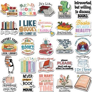 May include: A collection of colorful stickers with book-related themes. The stickers feature various designs, including stacks of books, open books, and quotes like "I like big books and I cannot lie." The stickers are ideal for decorating laptops, notebooks, or other items.
