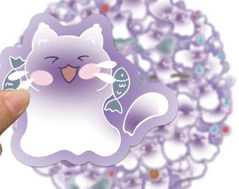 50 pegatinas de gato morado, grafiti kawaii para portátil, botella de agua, monopatín, grafiti estético, pegatinas de animales.