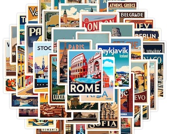 Pegatinas de viaje retro de Europa, calcomanías de póster de ciudad para portátil, diario, calcomanías de grafiti de viaje estético para portátil, diario y botella de agua.