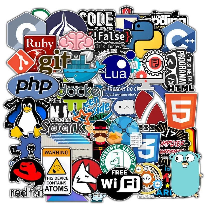 Peut inclure: Un ensemble d'autocollants color&eacute;s avec des logos et ic&ocirc;nes de d&eacute;veloppement logiciel. Comprend des logos pour Ruby, Python, HTML5 et Wi-Fi, ainsi que du texte comme "CODE" et "WARNING".