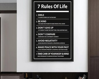 Poster mural Les 7 règles de la vie | Impression de citation de motivation | Art mural typographique noir et blanc | Décoration de bureau à domicile moderne | Poster inspirant