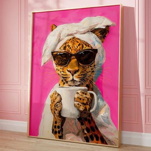 Cat Wall Art – Funny Animal Coffee Poster, Modern Pop Art Canvas Print, Pink Wall Art, Contemporary Animal Illustration, Unframed Wall Decor