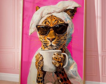 Cat Wall Art – Funny Animal Coffee Poster, Modern Pop Art Canvas Print, Pink Wall Art, Contemporary Animal Illustration, Unframed Wall Decor