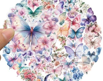 50PCS Butterfly Stickers Transparent PET Floral Decals Waterproof Vinyl Stickers for Journal Laptop Water Bottle Scrapbook