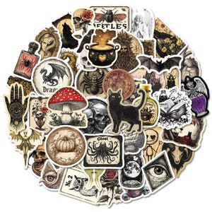 Pu&ograve; includere: Una collezione di adesivi in stile vintage a tema gotico e mistico. Gli adesivi presentano illustrazioni di un gatto nero, teschi, un drago, un fungo, un ragno e altri simboli occulti. La tavolozza dei colori comprende nero, bianco e tonalit&agrave; seppia.