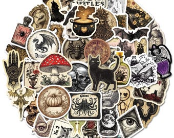 50 Pcs Gothic Vintage Sticker Pack | Dark Academia Halloween Stickers | Skull Witch Occult Aesthetic Decals for Laptop Journal Water Bottle