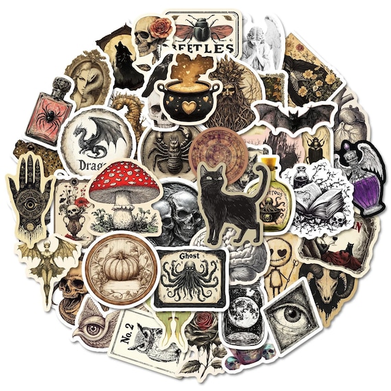 50 Pcs Gothic Vintage Sticker Pack | Dark Academia Halloween Stickers | Skull Witch Occult Aesthetic Decals for Laptop Journal Water Bottle