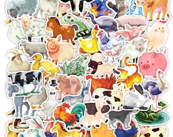 Pack de 50 autocollants d'animaux de la ferme, autocollants en vinyle aquarelle mignons de basse-cour pour enfants, bouteille d'eau pour ordinateur portable, décalcomanies de récompenses pour la classe, décalcomanies d'animaux