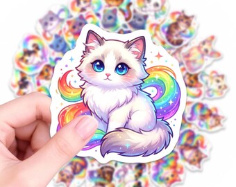 50Pcs Cute Kawaii Cat Sticker Pack, Rainbow Cat Vinyl Stickers, Waterproof Anime Kitty Decals for Laptop, Water Bottle, Journal Planner