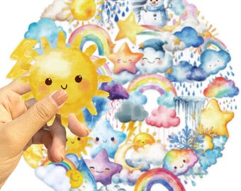 50 pegatinas de acuarela con diseño de arcoíris y estrellas de nubes, ideal para portátiles, botellas de agua, diarios y planificadores.