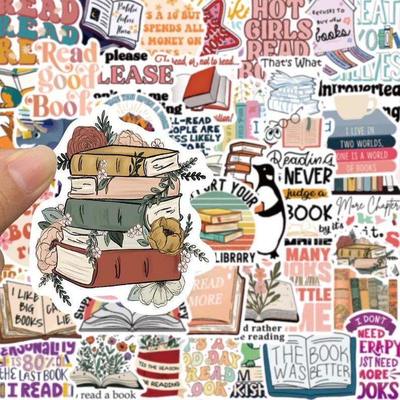 May include: A sticker sheet featuring various book-themed designs. The central sticker shows a stack of books in shades of brown, green, and pink, adorned with floral accents. Surrounding stickers include phrases like "Read," "Books," and "Reading Never Judge a Book."
