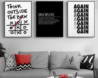Minimalist Motivational Quote Canvas Print Set, Modern Office Wall Art, Office Wall Art, Typography Think Discipline Quote Wall Posters