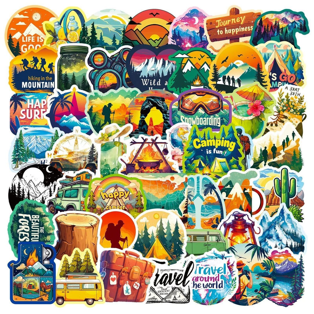 Camping Hiking Waterproof Sticker Pack, Outdoor Adventure Decals ...