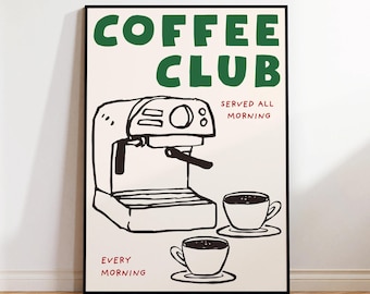 Impression Coffee Club : machine à expresso minimaliste, tasses à café, art mural cuisine (affiche sans cadre), cadeau amateur de café art mural esthétique café