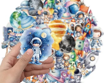 50Pcs Space Astronaut Sticker Pack, Kawaii Space Vinyl Stickers, Waterproof Rocket Planet Decals for Laptop, Water Bottle & Journal Planner