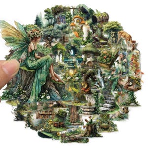 May include: A collection of die-cut stickers featuring detailed illustrations of fairies, woodland creatures, stone staircases, mushroom houses, and lush forest landscapes in shades of green, brown, and soft earth tones with floral accents.