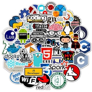 May include: A selection of colourful stickers featuring software development and coding-related icons and text. Includes logos for Git, HTML, CSS, JavaScript, and other programming languages. The stickers are round and square, with various colours and designs.
