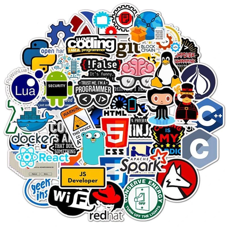 Peut inclure: Un ensemble d'autocollants color&eacute;s avec des ic&ocirc;nes et du texte li&eacute;s au d&eacute;veloppement logiciel et au codage. Comprend des logos pour Git, HTML, CSS, JavaScript et d'autres langages de programmation. Les autocollants sont ronds et carr&eacute;s, avec divers motifs.