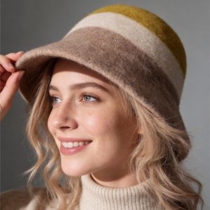 Handmade Color-Block Felted Wool Bucket Hat | Personalized Leather Patch with Custom Engraving
