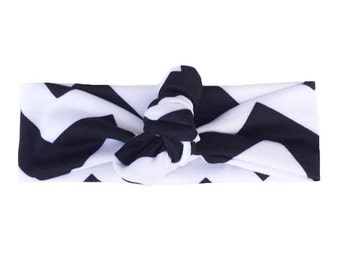 Black & White Headband Knit Tie Retro Vintage Wrap Headband Abstract Print Top Knot Headband One size fits all
