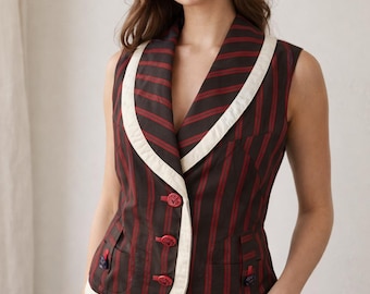 Vintage SPORTALM Y2K women's vest, brown and red striped cardigan, retro chic, size M