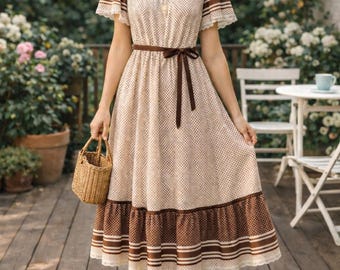 Vintage boho 70s dress – women's cottagecore style dress with retro polka dot belt, romantic summer dress, estimated size, US 8 (M)