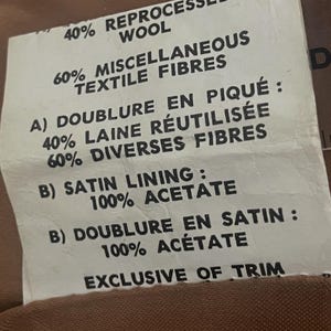 May include: A close-up of a tag with text detailing the fabric composition of a garment. The tag lists percentages of wool, textile fibers, and acetate, along with French terms for lining and trim. The tag is against a brown fabric background.