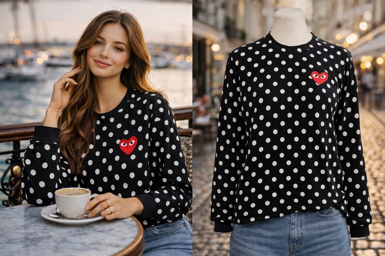 May include: Black long-sleeved sweatshirt with white polka dots and a red heart-shaped patch. The sweatshirt is worn by a person and displayed on a mannequin. The person is sitting at a table with a cup of coffee.