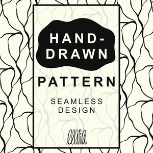 May include: A seamless pattern design with a hand-drawn aesthetic. The background is a light cream color with a subtle grid pattern. Black, organic shapes resembling branches or veins are scattered across the surface. The design includes the text "HAND-DRAWN PATTERN SEAMLESS DESIGN".
