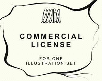 Puede incluir: Fondo color crema con un borde decorativo negro. El texto "COMMERCIAL LICENSE" se muestra en negrita, en mayúsculas negras. Debajo, se lee "FOR ONE ILLUSTRATION SET". Un logotipo en cursiva en la parte superior.