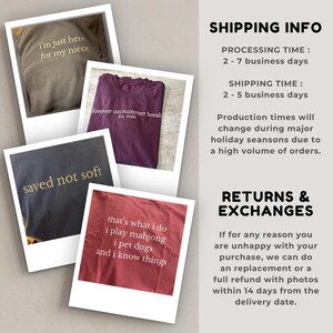 May include: Four t-shirts in tan, maroon, dark gray, and red, each featuring white or gold text. The tan shirt reads i'm just here for my niece, the maroon shirt says forever on summer break Est. 2026, the dark gray shirt says saved not soft, and the red shirt says that's what i do i play mahjong i pet dogs and i know things.