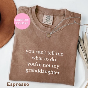 May include: A brown short-sleeved t-shirt with a crew neckline and a Comfort Colors brand label at the inner collar. The shirt features the white printed text: you can't tell me what to do you're not my granddaughter. A silver chain necklace is present.