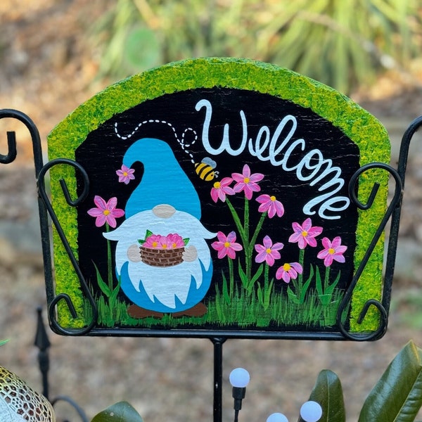 Spring Summer Flower Garden Gnome Slate Welcome Sign Personalize, Address, Outdoor Decor, Wrought Iron Holder Sold Separate, FREE SHIPPING