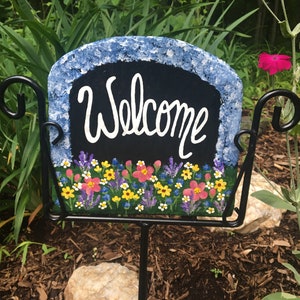 Wildflower Flower Summer Garden Address Slider Hanging Slate Welcome Sign Personnalisé, Support en fer forgé Vendu séparément, LIVRAISON GRATUITE 9" Slate - Welcome